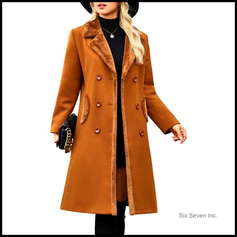 Double Breasted Pea Coat with Faux Fur Collar, Long Thick Slim Fit